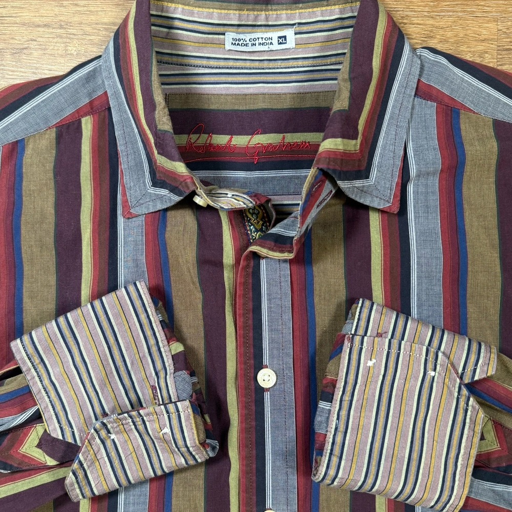 Robert Graham Men's XL Cotton Multi-colored Striped Flip‎ Cuff Dress Shirt